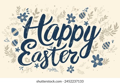 Happy Easter greeting card with colorful eggs and flowers spring holiday celebration banner horizontal