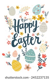 Happy Easter greeting card with colorful eggs and flowers spring holiday celebration banner vertical