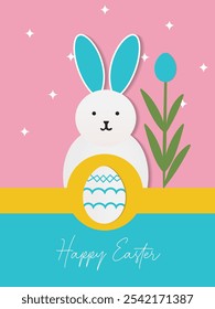 Happy Easter greeting card colorful flat geometric rabbit animal mosaic with spring nature , flyer, banner, social media poster vector stock illustration
