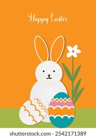Happy Easter greeting card colorful flat geometric rabbit animal mosaic with spring nature , flyer, banner, social media poster vector stock illustration