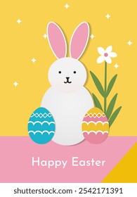 Happy Easter greeting card colorful flat geometric rabbit animal mosaic with spring nature , flyer, banner, social media poster vector stock illustration