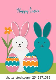 Happy Easter greeting card colorful flat geometric rabbit animal mosaic with spring nature , flyer, banner, social media poster vector stock illustration