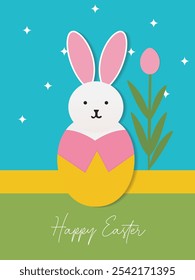 Feliz Páscoa cartão de saudação colorido plano geométrico coelho animal mosaico com natureza primavera , flyer, banner, mídia social cartaz vetor ilustração stock