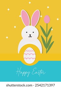 Happy Easter greeting card colorful flat geometric rabbit animal mosaic with spring nature , flyer, banner, social media poster vector stock illustration