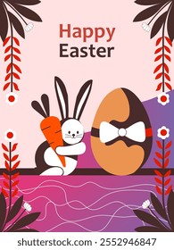 Tarjeta de felicitación de Pascua feliz colorido mosaico de animal de conejo geométrico plano con naturaleza de primavera
