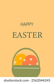 Happy easter greeting card with colorful eggs in a basket. Easter abstract modern geometry card.