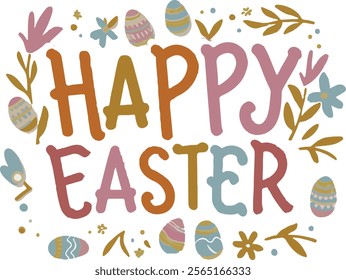 Happy Easter greeting card with colorful eggs and floral wreath.