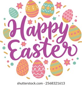 Happy Easter greeting card with colorful eggs and floral wreath.