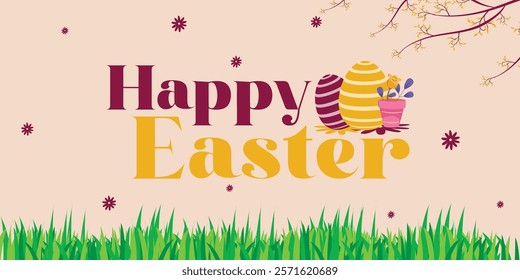 Happy Easter greeting card with colorful eggs, spring grass, and floral accents. Perfect for holiday celebrations, Easter events, invitations, and seasonal decorations.