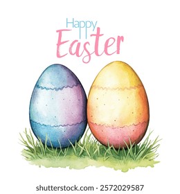 Happy Easter greeting card with colorful eggs. Sweet holiday banner. Easter eggs,  pink blue text with happy wished. Watercolor style vector illustration.
