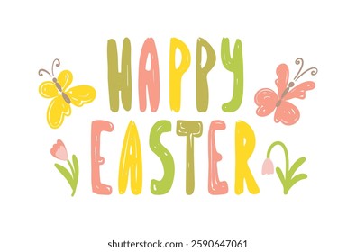 Happy Easter greeting card with colorful text, butterflies and flowers in pastel colors vector illustration