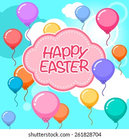 Happy Easter greeting card with colorful balloons over blue sky
