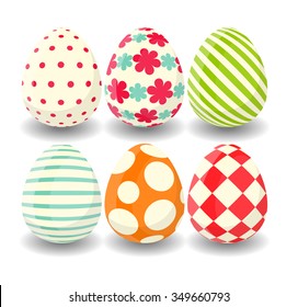 Happy Easter Greeting Card. Colorful Easter Eggs on White Background. Vector Illustration.