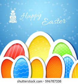 Happy easter greeting card with colorful eggs set and small white cartoon rabbit on blue background flat vector illustration
