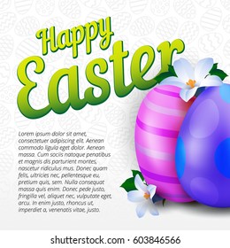 Happy Easter greeting card with colorful painted eggs and spring flowers on grey seamless pattern. Use this vector illustration for design your website or publications.