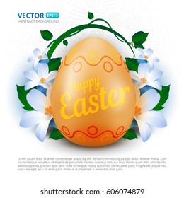 Happy Easter greeting card with colorful painted egg and spring flowers on grey seamless pattern. Use this vector illustration for design your website or publications.