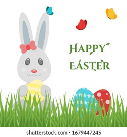 Happy Easter greeting card with colourful eggs in green grass for hunt, bunny or rabbit ears and butterflies. Vector design isolated on white background.
