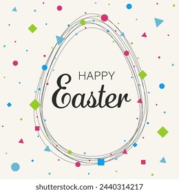 Feliz Pascua. Tarjeta de felicitación con huevo colorido y formas geométricas. Fondo de estilo minimalista moderno. Ilustración de vector