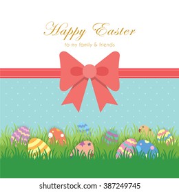 Happy Easter greeting card / Colourful Easter eggs on green field with decoration of red ribbon / Vector illustration.