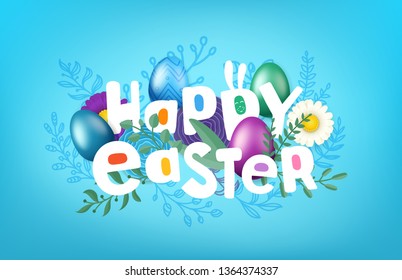 Happy Easter greeting card with comic style inscription. Vector layered illustration 