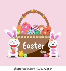 Happy Easter greeting card concept with cute rabbit and colorful eggs in egg basket on pink background, Vector illustration.