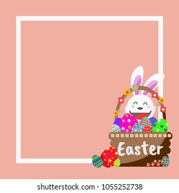 Happy Easter greeting card concept and empty space for text in frame with cute rabbit and colorful eggs in egg basket on pink background, Vector illustration.