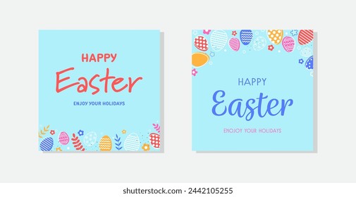 Happy Easter. Greeting card concept in modern minimal style. Background with Easter eggs. Collection. Vector illustration