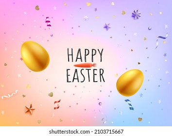 Happy Easter greeting card with confetti and golden eggs 