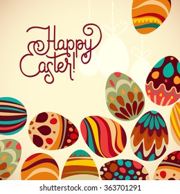 Happy easter Greeting Card. Congratulation to the holiday on a light background. Calligraphy. Colorful Easter eggs.