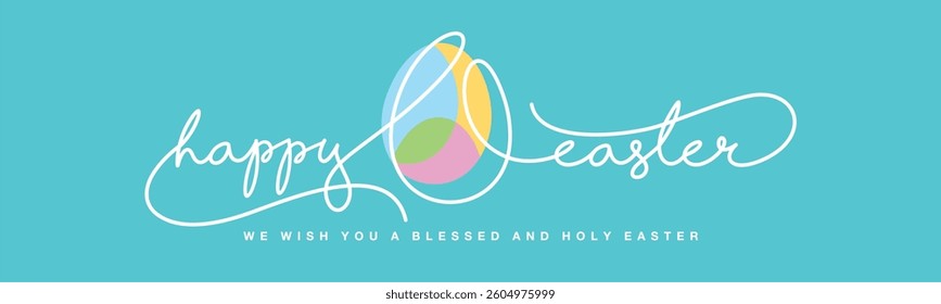 Happy Easter greeting card. Happy Easter continuous handwritten calligraphy lettering line design and colorful Easter egg in the middle on sea green background
