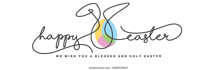 Happy Easter greeting card. Happy Easter continuous handwritten calligraphy typography line design pastel colorful egg with bunny ears in the middle on white background