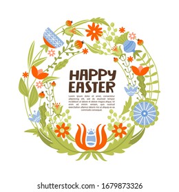 Frohe Ostergrußkarte mit Kopienraum. Frühlingsblumenhain mit verschiedenen Blumen, Ast und Blättern. Kreative Buchstabierkomposition. Vektorillustration-Illustration für Karte, Einladung, Poster etc.