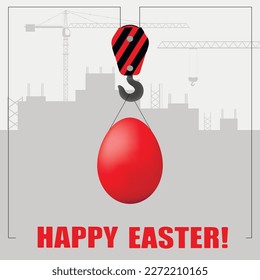 Happy easter greeting card. The crane lifts the painted egg on the background of the construction site.