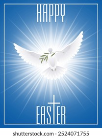Happy Easter. Greeting card with cross, white dove and olive branch. Vector illustration.