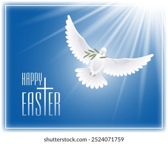 Happy Easter. Greeting card with cross, flying dove and olive branch. Vector illustration.