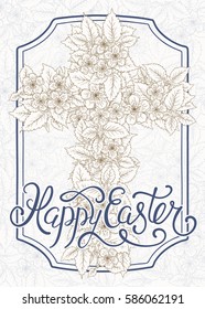 Happy Easter greeting card with cross, spring blossom branch, lettering. Vintage Victorian graphic floral illustration