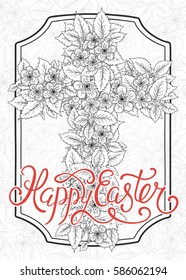 Happy Easter greeting card with cross, spring blossom branch, lettering. Vintage Victorian graphic floral composition
