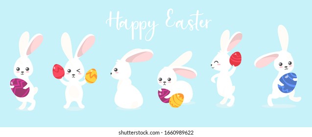 Happy easter greeting card with cure rabbits vector illustration. Template with white fluffy bunnies in different poses with colourful treat eggs cartoon design. Holiday and spring concept