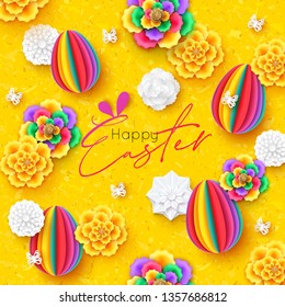 Happy Easter greeting card with cut out of paper eggs, butterflies, flowers
