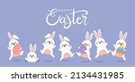Happy Easter greeting card with cute white bunny and eggs. Rabbit character set. Animal wildlife holidays cartoon. -Vector.
