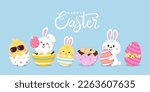 Happy Easter greeting card with cute yellow chick, colourful eggs, bunny and rabbit. Animal wildlife holiday cartoon character. -Vector.