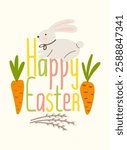 Happy Easter greeting card with cute bunny carrots and festive lettering vector illustration