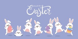 Happy Easter Greeting Card With Cute White Bunny And Eggs. Rabbit Character Set. Animal Wildlife Holidays Cartoon. -Vector.