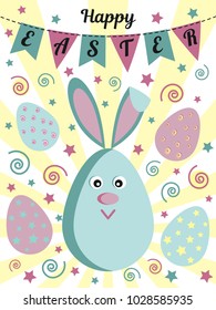 Happy Easter greeting card with a cute rabbit or a hare, painted eggs, flags and stars. Usable for design, invitation, banner, background, poster. Vector illustration.