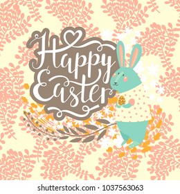 Happy Easter greeting card with cute bunny on floral background. Vector illustration.