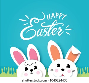 Happy Easter greeting card with cute little bunny and lettering design