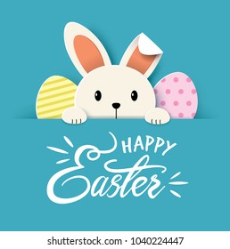 Happy Easter greeting card with cute little bunny and lettering design