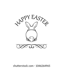 Happy Easter greeting card with cute easter bunny from back view and writing Happy Easter. White easter bunny vector illustration.