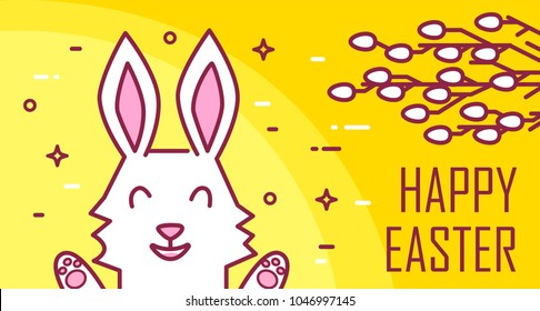 Happy Easter greeting card with cute rabbit and willow on yellow background. Thin line flat design. Vector banner.