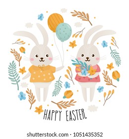 Happy Easter greeting card. Cute frame with spring flowers, funny rabbits characters, and leaves. Romantic floral composition. Good for spring invitations, banners, greeting card.